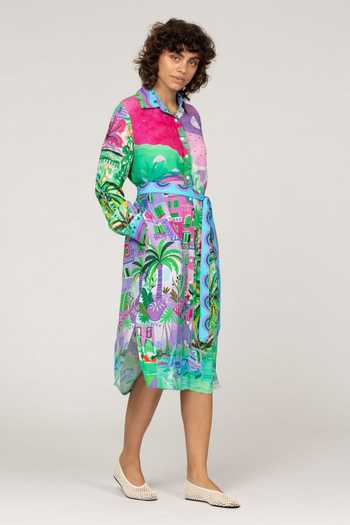 Inoa_Multi Color Silk Collared Neck Lupine Printed Dress _Online_at_Aza_Fashions