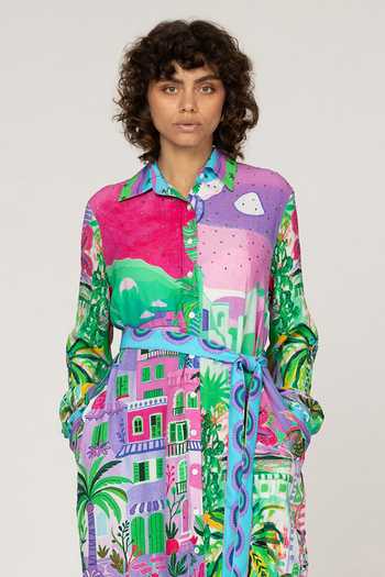 Buy_Inoa_Multi Color Silk Collared Neck Lupine Printed Dress _Online_at_Aza_Fashions
