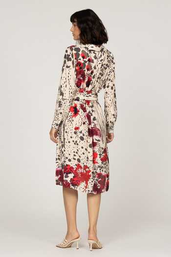 Shop_Inoa_Ivory Silk V-neck Lupine Floral Print Dress With Belt _at_Aza_Fashions
