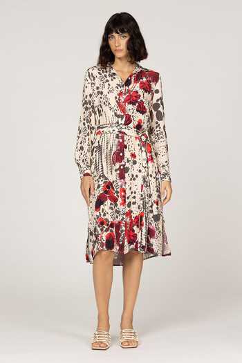 Buy_Inoa_Ivory Silk V-neck Lupine Floral Print Dress With Belt _at_Aza_Fashions