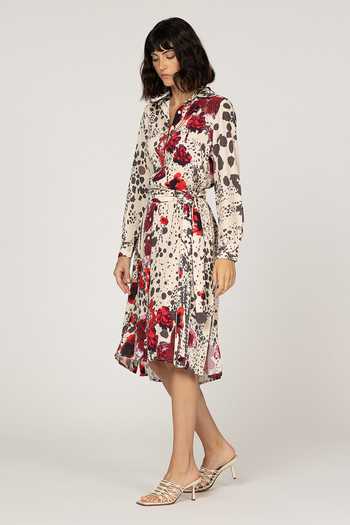 Inoa_Ivory Silk V-neck Lupine Floral Print Dress With Belt _Online_at_Aza_Fashions