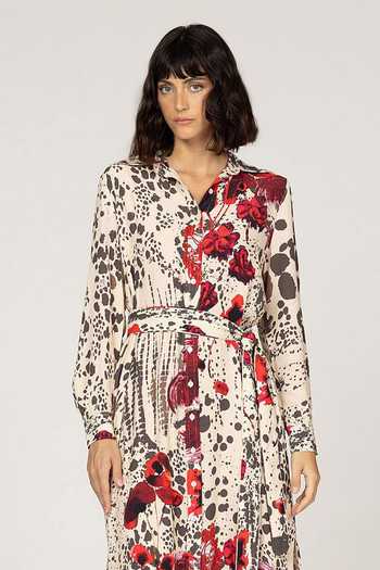 Buy_Inoa_Ivory Silk V-neck Lupine Floral Print Dress With Belt _Online_at_Aza_Fashions