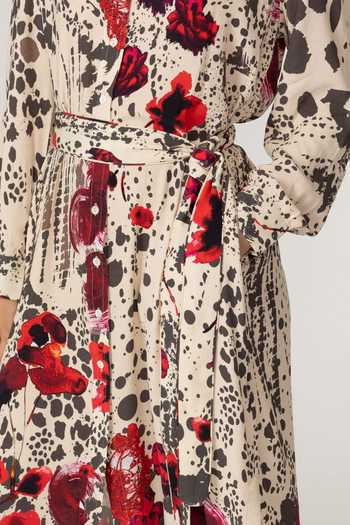 Shop_Inoa_Ivory Silk V-neck Lupine Floral Print Dress With Belt _Online_at_Aza_Fashions