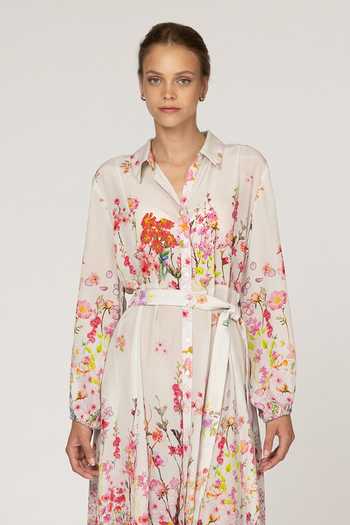 Inoa_Multi Color Silk Collared Neck Mahonia Printed Midi Dress With Belt _Online_at_Aza_Fashions