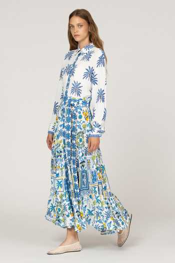 Inoa_Multi Color Silk Collared Neck Perorian Floral Print Dress With Belt _Online_at_Aza_Fashions