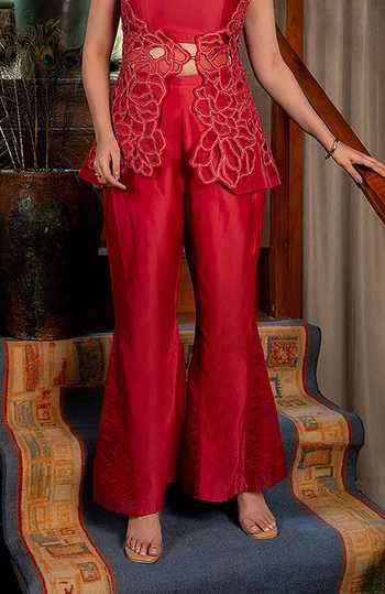 Buy_Chambray & Co._Red Chanderi, Silk Organza Open Carla Cutwork Embroidered Jacket And Pant Set 