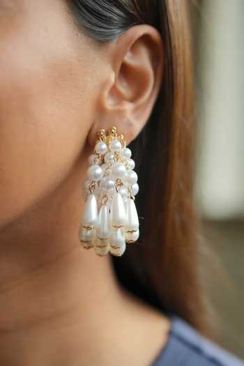 ESME_White Pearl Shower Embellished Earrings _Online_at_Aza_Fashions