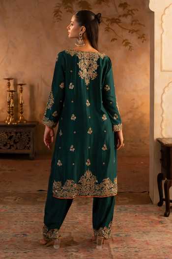 ANGAD SINGH_Green Silk, Net High Neck, Yes Bottle Embroidered Kurta Set _Online_at_Aza_Fashions