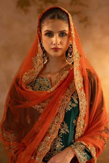 ANGAD SINGH_Green Silk, Net High Neck, Yes Bottle Embroidered Kurta Set _Online