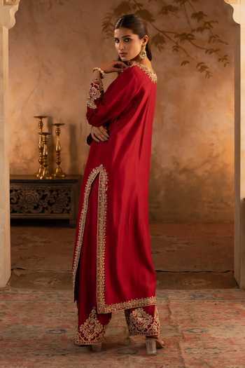 Shop_ANGAD SINGH_Maroon Silk, Net Split V-neck, Yes Embroidered Kurta Set _Online_at_Aza_Fashions