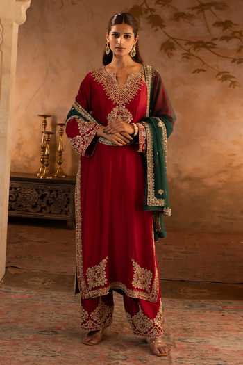 Buy_ANGAD SINGH_Maroon Silk, Net Split V-neck, Yes Embroidered Kurta Set _at_Aza_Fashions