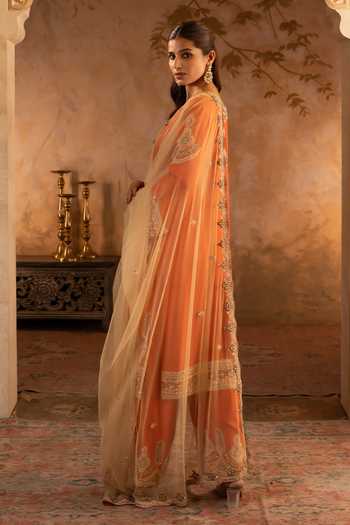 Buy_ANGAD SINGH_Orange Silk, Net V-neck Rust Embroidered Kurta Set _Online_at_Aza_Fashions