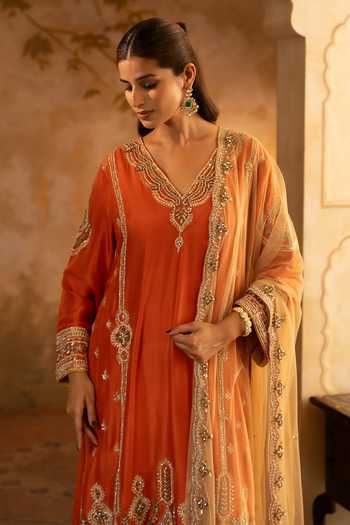 Shop_ANGAD SINGH_Orange Silk, Net V-neck Rust Embroidered Kurta Set _Online_at_Aza_Fashions