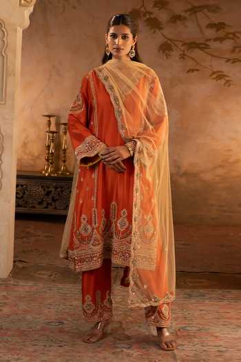 Buy_ANGAD SINGH_Orange Silk, Net V-neck Rust Embroidered Kurta Set _at_Aza_Fashions