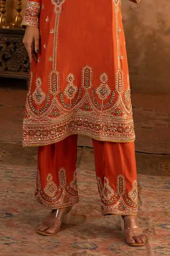 ANGAD SINGH_Orange Silk, Net V-neck Rust Embroidered Kurta Set _at_Aza_Fashions