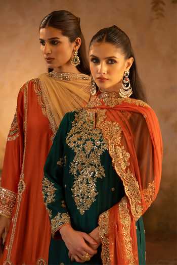 Shop_ANGAD SINGH_Orange Silk, Net V-neck Rust Embroidered Kurta Set 