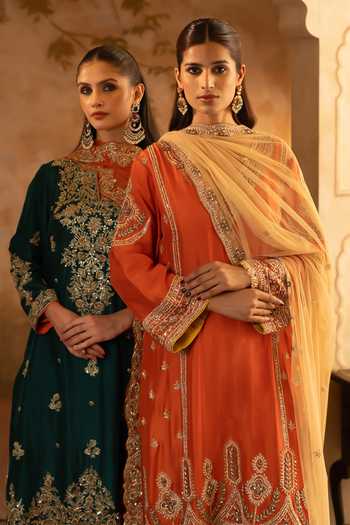 ANGAD SINGH_Orange Silk, Net V-neck Rust Embroidered Kurta Set _Online
