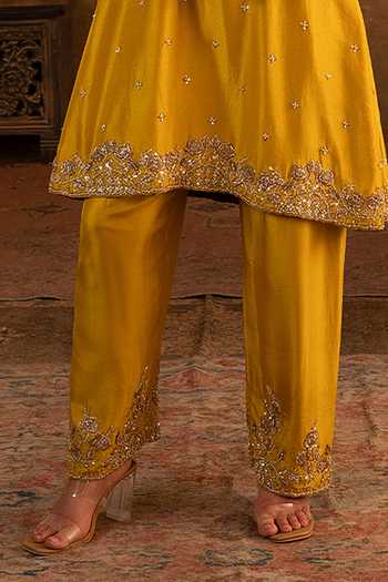 Buy_Angad Singh_Yellow Silk, Net Round Neck Mustard Embroidered Kurta Set _Online_at_Aza_Fashions