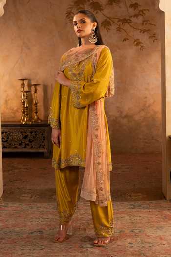 Shop_Angad Singh_Yellow Silk, Net Round Neck Mustard Embroidered Kurta Set _Online_at_Aza_Fashions