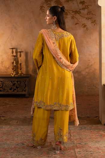 Angad Singh_Yellow Silk, Net Round Neck Mustard Embroidered Kurta Set _Online_at_Aza_Fashions