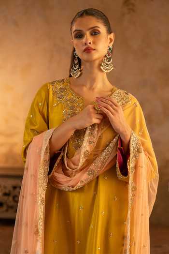 Angad Singh_Yellow Silk, Net Round Neck Mustard Embroidered Kurta Set _at_Aza_Fashions