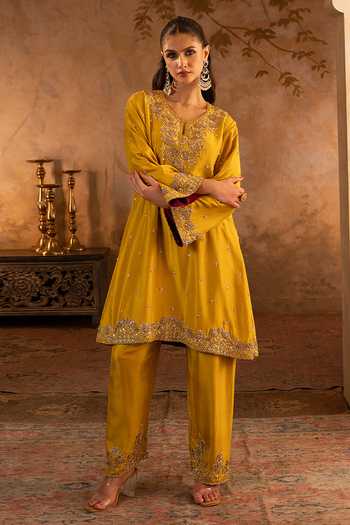 Buy_Angad Singh_Yellow Silk, Net Round Neck Mustard Embroidered Kurta Set 