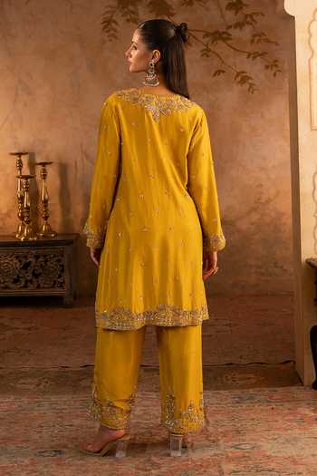 Shop_Angad Singh_Yellow Silk, Net Round Neck Mustard Embroidered Kurta Set 