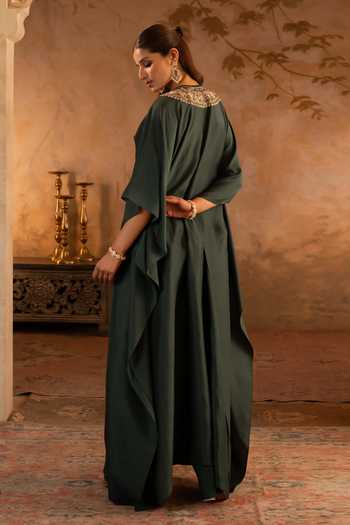 Angad Singh_Green Silk Round Neck Yoke Embroidered Kaftan Dress _Online_at_Aza_Fashions