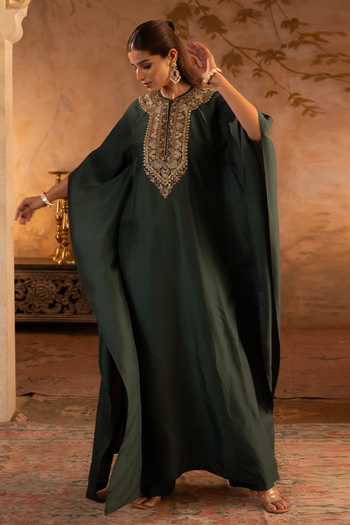 Buy_Angad Singh_Green Silk Round Neck Yoke Embroidered Kaftan Dress _Online_at_Aza_Fashions