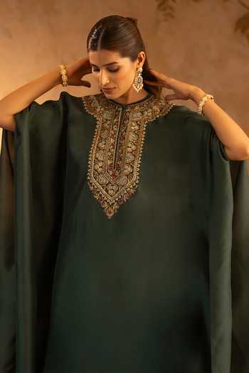 Shop_Angad Singh_Green Silk Round Neck Yoke Embroidered Kaftan Dress _Online_at_Aza_Fashions