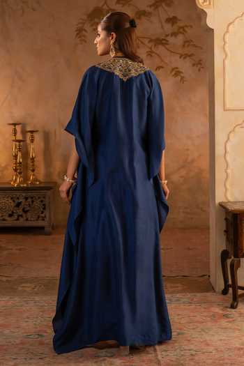 Angad Singh_Blue Silk Round Neck Placement Embroidered Kaftan _Online_at_Aza_Fashions
