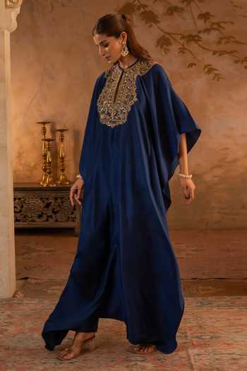 Buy_Angad Singh_Blue Silk Round Neck Placement Embroidered Kaftan _Online_at_Aza_Fashions