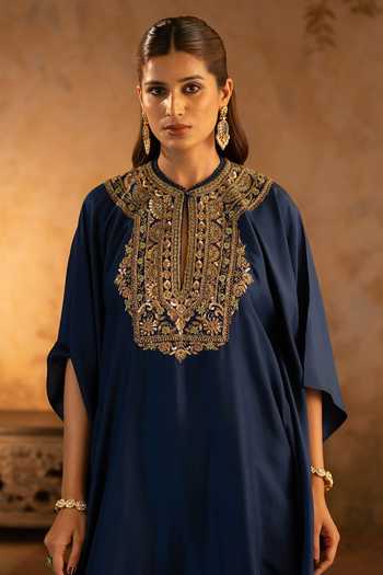 Shop_Angad Singh_Blue Silk Round Neck Placement Embroidered Kaftan _Online_at_Aza_Fashions