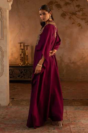 Buy_Angad Singh_Maroon Silk Round Neck Crimson Embroidered Kaftan Dress _Online_at_Aza_Fashions