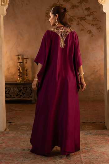 Angad Singh_Maroon Silk Round Neck Crimson Embroidered Kaftan Dress _Online_at_Aza_Fashions