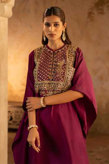 Shop_Angad Singh_Maroon Silk Round Neck Crimson Embroidered Kaftan Dress _Online_at_Aza_Fashions