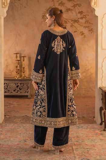 Angad Singh_Blue Net, Velvet Round Neck Navy Embroidered Kurta Set _Online_at_Aza_Fashions