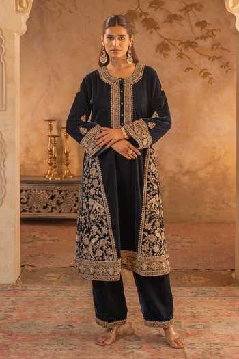 Shop_Angad Singh_Blue Net, Velvet Round Neck Navy Embroidered Kurta Set _Online_at_Aza_Fashions