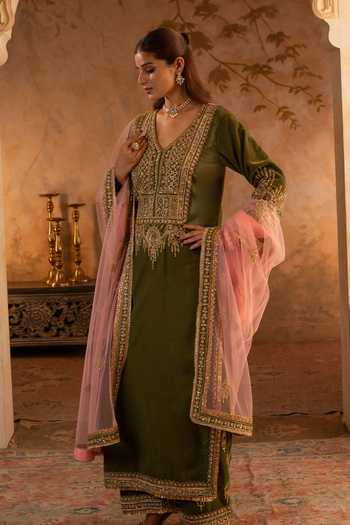 Buy_Angad Singh_Olive Green Net, Velvet V-neck Embroidered Kurta Set _Online_at_Aza_Fashions