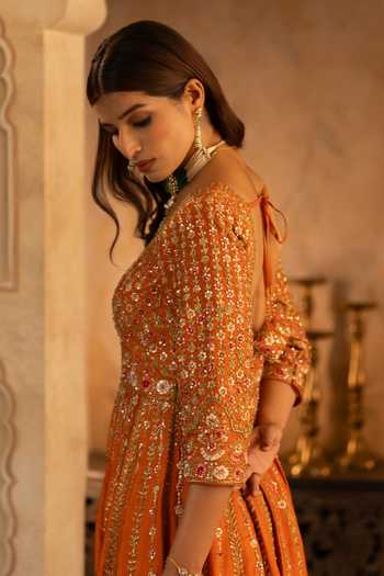 Angad Singh_Orange Silk, Net V-neck Rust Raw Anarkali With Dupatta _Online_at_Aza_Fashions