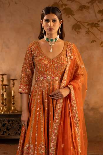Buy_Angad Singh_Orange Silk, Net V-neck Rust Raw Anarkali With Dupatta _Online_at_Aza_Fashions