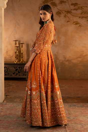 Shop_Angad Singh_Orange Silk, Net V-neck Rust Raw Anarkali With Dupatta _Online_at_Aza_Fashions