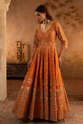 Angad Singh_Orange Silk, Net V-neck Rust Raw Anarkali With Dupatta _at_Aza_Fashions