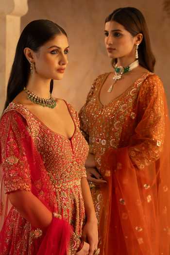 Buy_Angad Singh_Orange Silk, Net V-neck Rust Raw Anarkali With Dupatta 