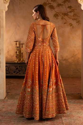 Shop_Angad Singh_Orange Silk, Net V-neck Rust Raw Anarkali With Dupatta _at_Aza_Fashions
