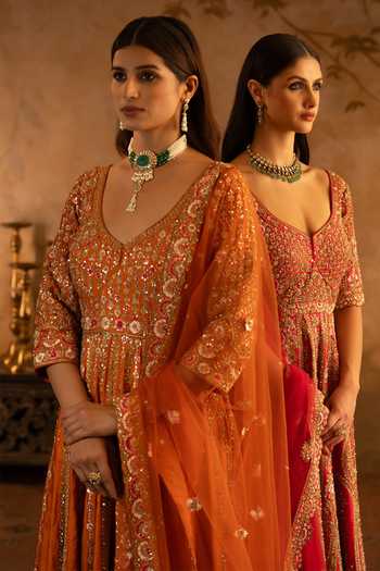 Shop_Angad Singh_Orange Silk, Net V-neck Rust Raw Anarkali With Dupatta 