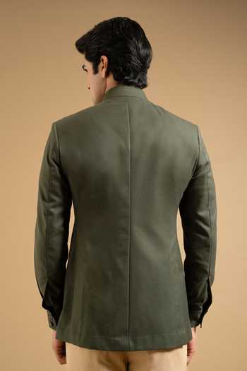 Shop_Gargee Designers_Olive Green Cotton Patch Pocket Bandhgala _at_Aza_Fashions