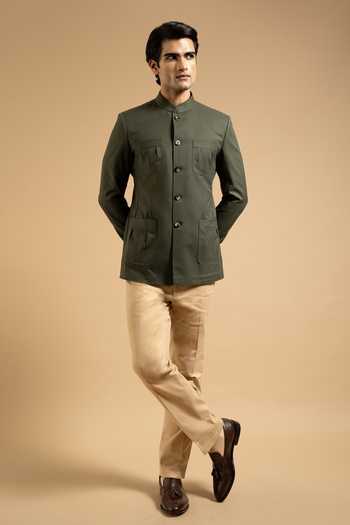 Gargee Designers_Olive Green Cotton Patch Pocket Bandhgala _Online_at_Aza_Fashions