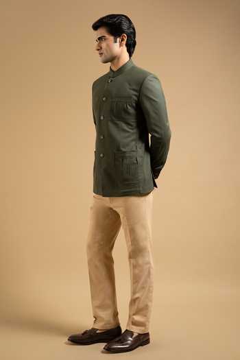 Buy_Gargee Designers_Olive Green Cotton Patch Pocket Bandhgala _Online_at_Aza_Fashions