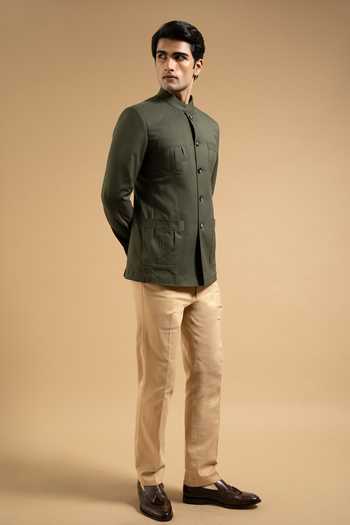 Buy_Gargee Designers_Olive Green Cotton Patch Pocket Bandhgala 